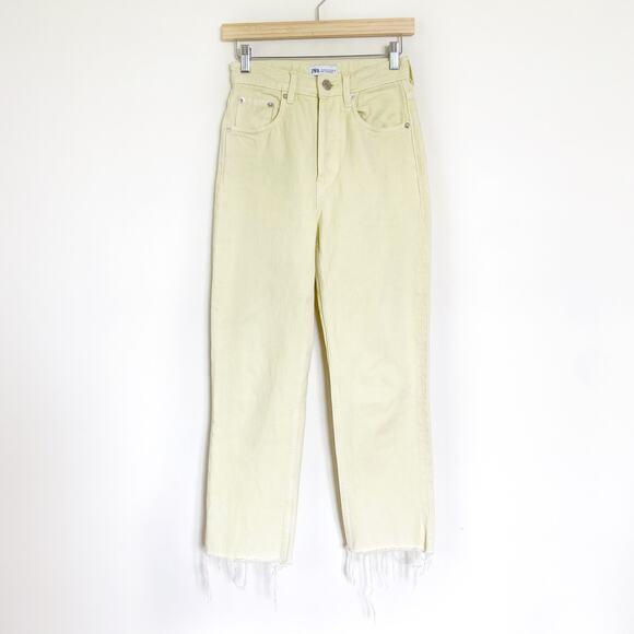 ZARA High Waist Straight Leg Raw Hem Rigid Denim Jeans in Soft Yellow Size 2 - Picture 2 of 10